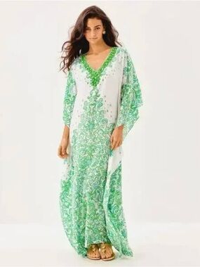 NEW Green Resort White LILLY PULITZER Marilla Silk Maxi Caftan Dress S/M NWT